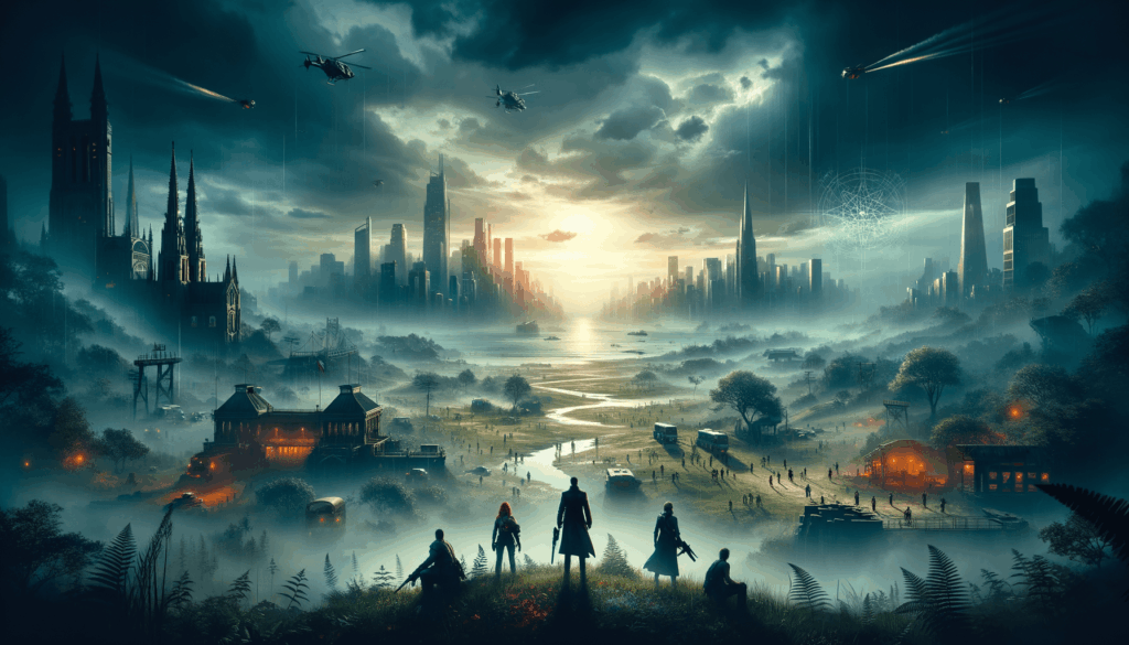 Image of a misty landscape with futuristic cityscape, helicopters, and silhouetted figures on a hill.