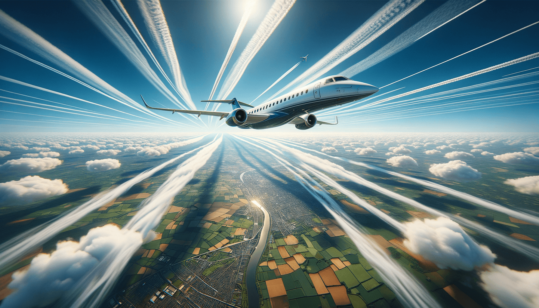 Image of a plane soaring above patchwork fields, trailing vapor under a clear, expansive sky.