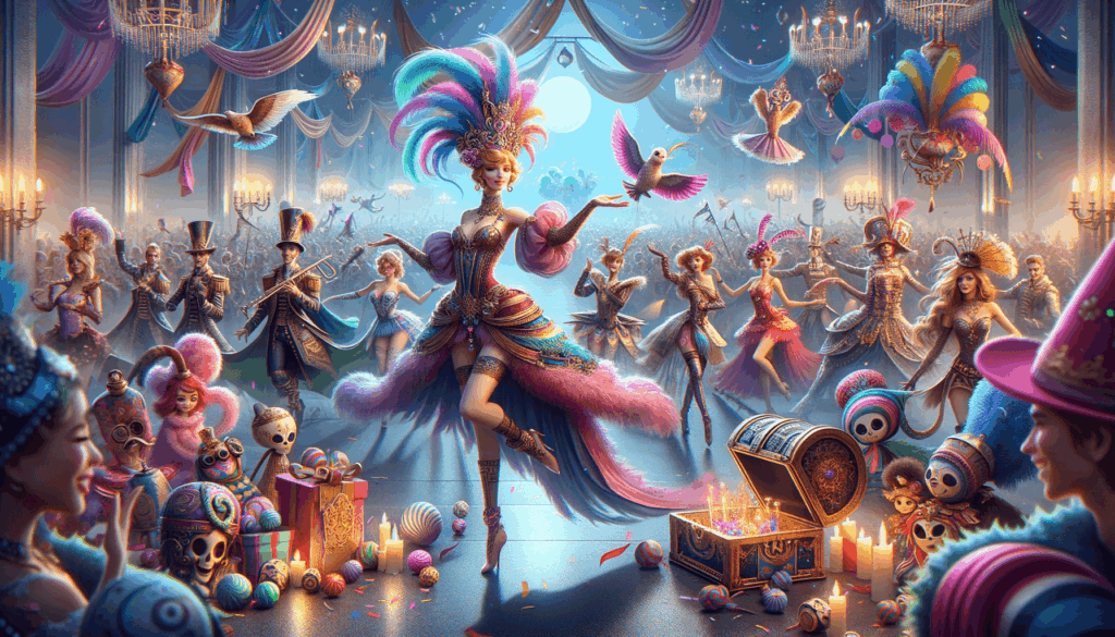 Infinity Nikki's Revelry Season Kicks Off with Momo's Spectacular Dance Solo! Image of a vibrant masquerade ball with dancers, colorful costumes, and festive decorations.