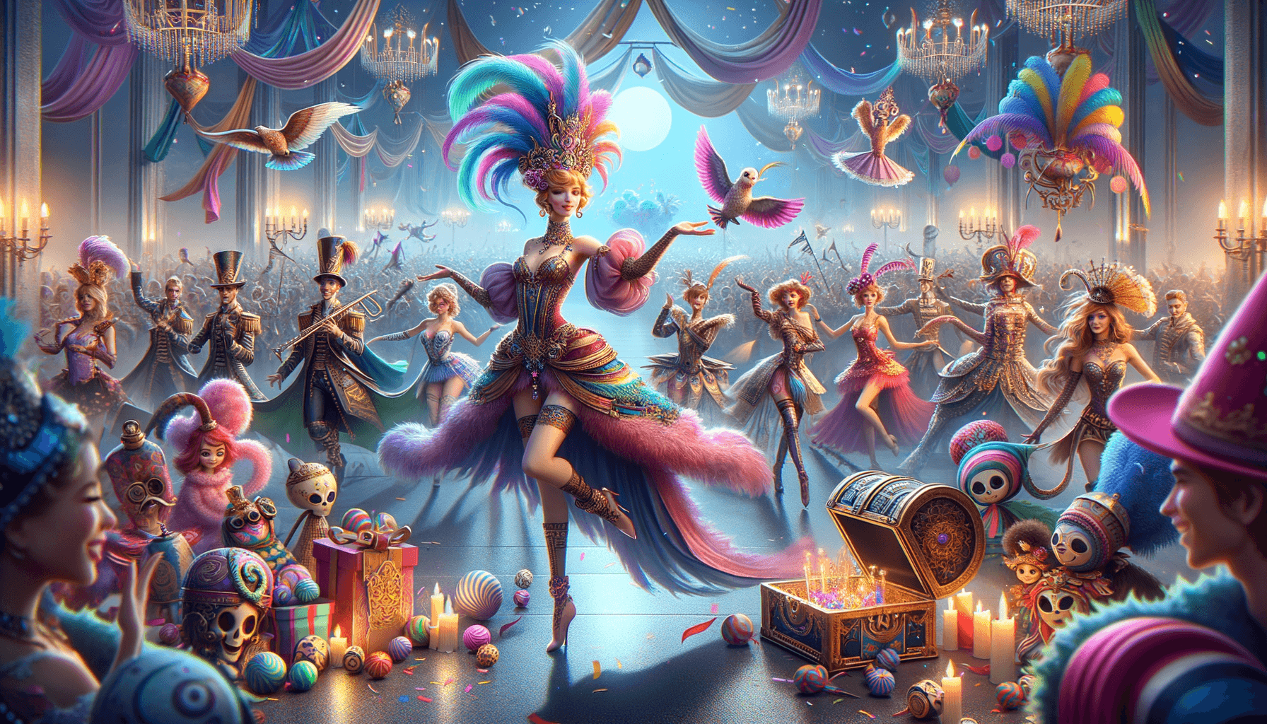 Image of a vibrant masquerade ball with dancers, colorful costumes, and festive decorations.