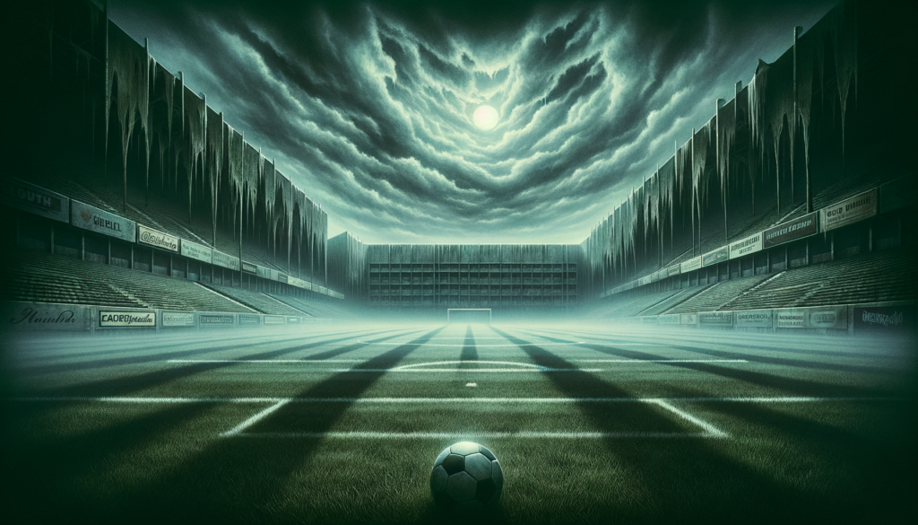 Silent Hill Meets Soccer? Play the FEAR FA 98 Demo Now! Image of an empty soccer stadium under a cloudy, moonlit sky, with a ball on the field.