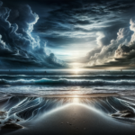 Image of a dramatic seascape with swirling clouds, breaking waves, and intricate patterns in the sand.