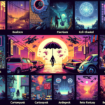 Image of various pixel art scenes with futuristic and retro themes, featuring vivid colors and cityscapes.