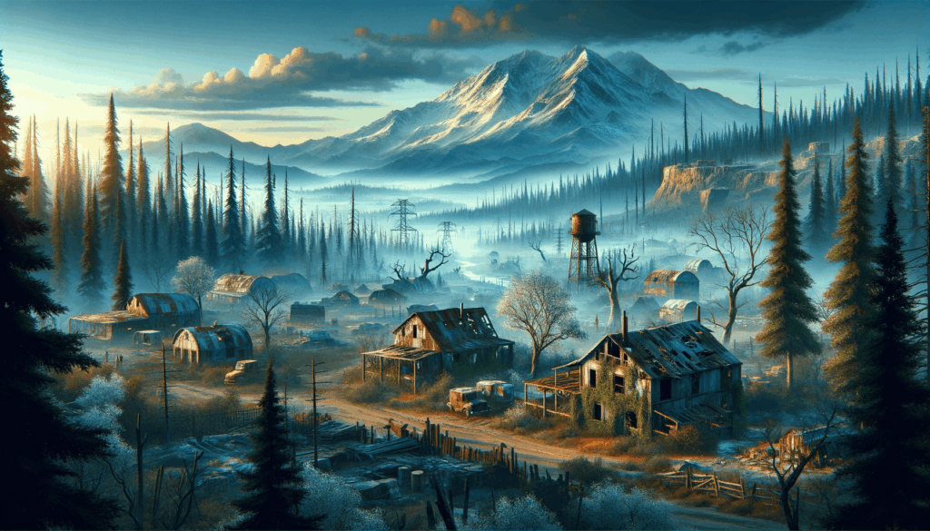 Image of an abandoned village with dilapidated buildings, pine trees, and snow-capped mountains.