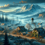 Image of an abandoned village with dilapidated buildings, pine trees, and snow-capped mountains.