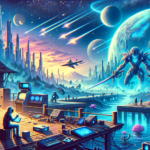 Image of a vibrant futuristic cityscape with neon lights, giant robot, and a bustling waterfront.