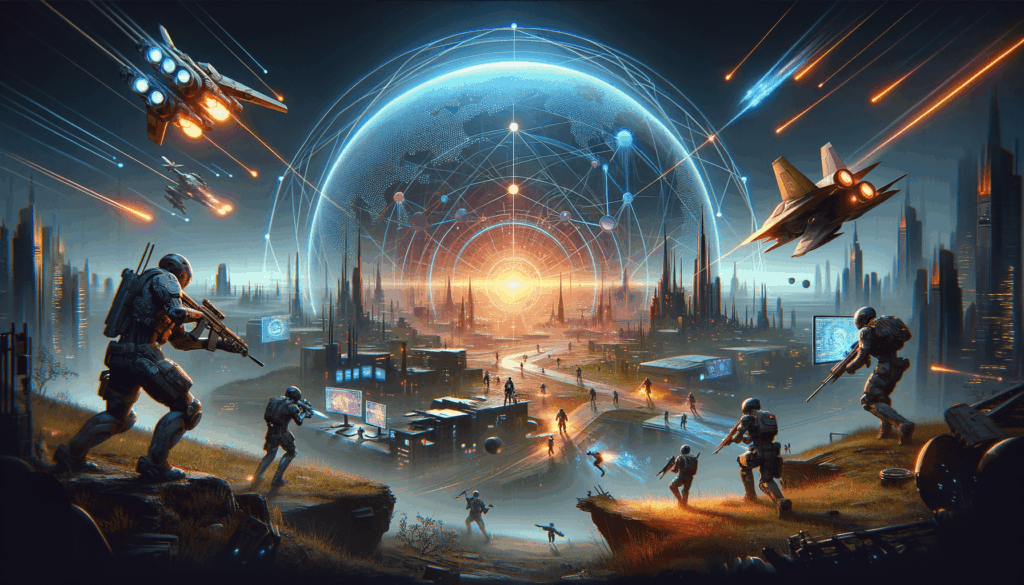 Super Battle Moki Unveils New Trailer and Exciting Updates! Image of a futuristic battlefield with soldiers, spacecraft, and a digital globe in the background.