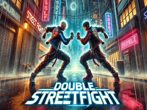 Image of two male figures in a fighting stance, facing each other in a neon-lit, rain-soaked urban alley, with the "DOUBLE STREETFIGHT" logo prominently displayed below them.