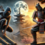 Image of two masked figures with knives, standing in a desert landscape under a colorful sky.