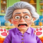 Image of a cartoon older woman with wide, frightened eyes and an open mouth in a scream, wearing round glasses and a purple collared shirt. Red scratch marks are visible on her cheeks. Two fluffy orange and white cat paws with pink paw pads are positioned on either side of her face, seemingly causing her distress. The background shows a brightly colored kitchen with green cabinets, blue tiled walls, and various kitchen items on the counters and shelves.