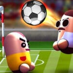 Image of two pill-shaped cartoon characters playing soccer on a green field, with one wearing sunglasses and a mustache near the goal and a flaming soccer ball flying through the air.