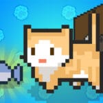 Image of a pixelated orange and white cat standing beside a gray fish in a blue environment with floating pixel icons and a trash bin.