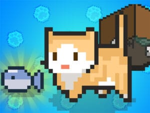 Image of a pixelated orange and white cat standing beside a gray fish in a blue environment with floating pixel icons and a trash bin.