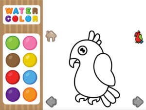 Image of a children's coloring game screen from WaterColor, showing a black-and-white cartoon parrot to be painted, with a color palette on the left.