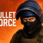 A high-definition, wide landscape digital illustration inspired by Bullet Force. The image features an intense urban combat scene with a masked soldier in tactical gear aiming his weapon, surrounded by dramatic lighting, smoke effects, and a fiery orange sky in the background. The modern FPS vibe is enhanced by dynamic motion blur and a gritty, action-packed atmosphere. Perfectly captures the feel of fast-paced multiplayer warfare.