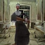 Image of a sinister nun character in a dark dress holding a large wooden weapon, standing in a blood-stained, decaying hospital hallway labeled "Psychiatry".