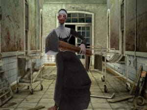 Image of a sinister nun character in a dark dress holding a large wooden weapon, standing in a blood-stained, decaying hospital hallway labeled "Psychiatry".
