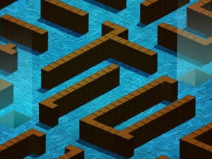 Image of a 3D-style maze with raised brown brick walls on a glowing blue tiled floor, viewed from an isometric top-down perspective.