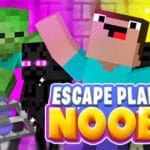 Image of a pixelated Noob character surrounded by endermen and zombies, celebrating with raised arms, featuring colorful backgrounds and sparkles.