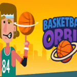 Image of a cartoon basketball player spinning a basketball on his finger, with the title "Basketball Orbit" displayed beside him against an orange city skyline.