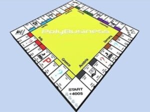 Image of a digital PolyBusiness (Unofficial Monopoly) board, featuring country names like Greece and Austria, with a yellow center and labeled property spaces arranged in a square layout on a light blue background.
