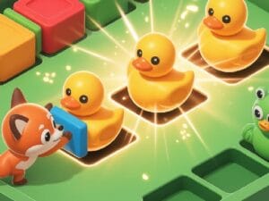 Image of a cartoon fox pushing a blue block toward three yellow rubber ducks on a green puzzle board, with sparkles highlighting a match.