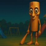 Image of a cartoon-style wooden character with wide eyes and a smile, holding a bat, standing in a playground at night with slides and swings.