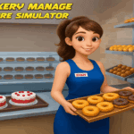 Image of a cheerful female bakery staff member wearing a blue dress labeled "STAFF," holding a tray filled with plain and chocolate-covered donuts. She stands inside a modern bakery filled with neatly arranged shelves displaying various pastries, including cakes with cherries and stacks of golden bread rolls in the background.