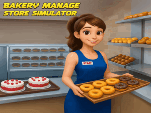 Image of a cheerful female bakery staff member wearing a blue dress labeled "STAFF," holding a tray filled with plain and chocolate-covered donuts. She stands inside a modern bakery filled with neatly arranged shelves displaying various pastries, including cakes with cherries and stacks of golden bread rolls in the background.