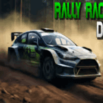 Image of a rally car speeding on a dirt track with dust trailing behind, set against a forest backdrop and the title “Rally Racer Dirt” in bold green and white text.