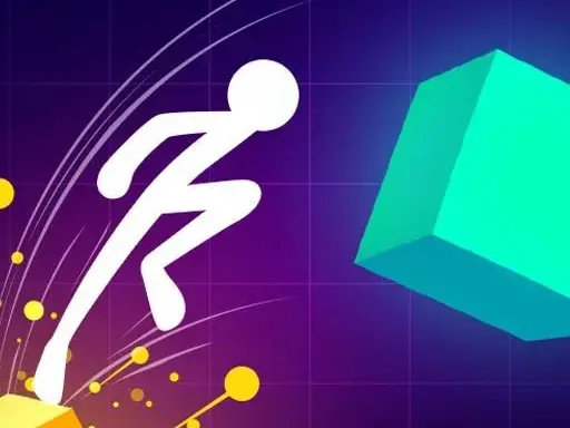Image of a white stickman figure leaping toward a glowing teal block on a neon purple grid background, with yellow particles trailing behind.