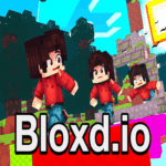 Image of three cartoon-style characters in red shirts running across colorful floating blocks in a bright voxel world from the Bloxd.io Game.