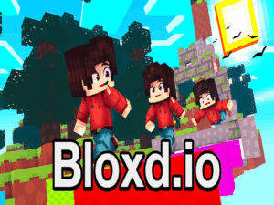 Image of three cartoon-style characters in red shirts running across colorful floating blocks in a bright voxel world from the Bloxd.io Game.