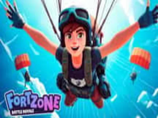 Image of a smiling character skydiving in mid-air with a helmet and goggles, surrounded by parachutes, from Fortzone Battle Royale Game.