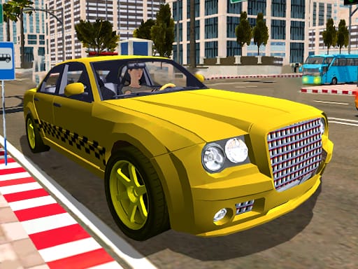Image of a yellow taxi car with black checkered stripes parked on a city street, showing a driver inside and tall modern buildings in the background.