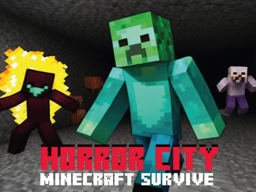 Image of blocky characters running through a dark tunnel in Horror City Minecraft Survive Game, chased by glowing and shadowy monsters.