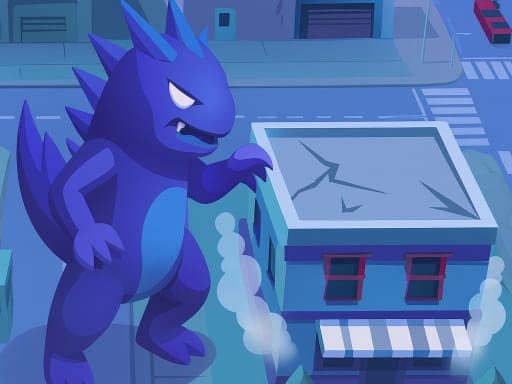 Image of a blue cartoon monster towering over city buildings at night, lifting its arm near a cracked rooftop as smoke rises from below.